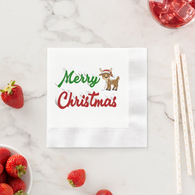 Merry Christmas Reindeer red green script  Napkin (Insitu)