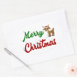 Merry Christmas Reindeer red green script Oval Sticker