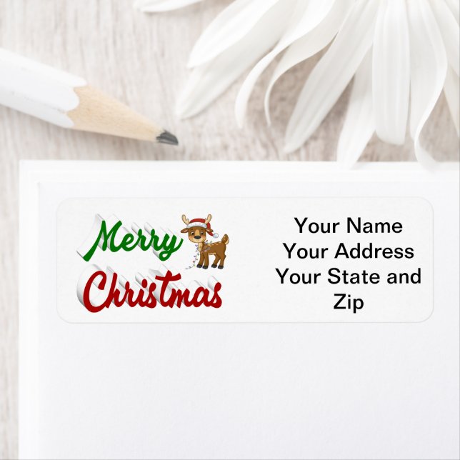 Merry Christmas Reindeer red green script  Return Address Label (Insitu)