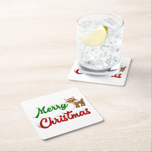 Merry Christmas Reindeer red green script  Square Paper Coaster
