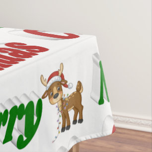 Merry Christmas Reindeer red green typography Tablecloth