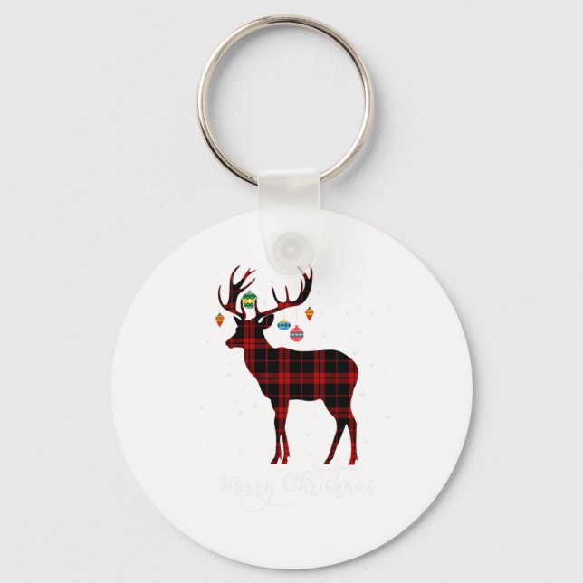Merry Christmas Reindeer Red Plaid Snowflake Famil Key Ring (Front)