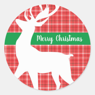 Merry Christmas Reindeer Red Plaid Twill Classic Round Sticker