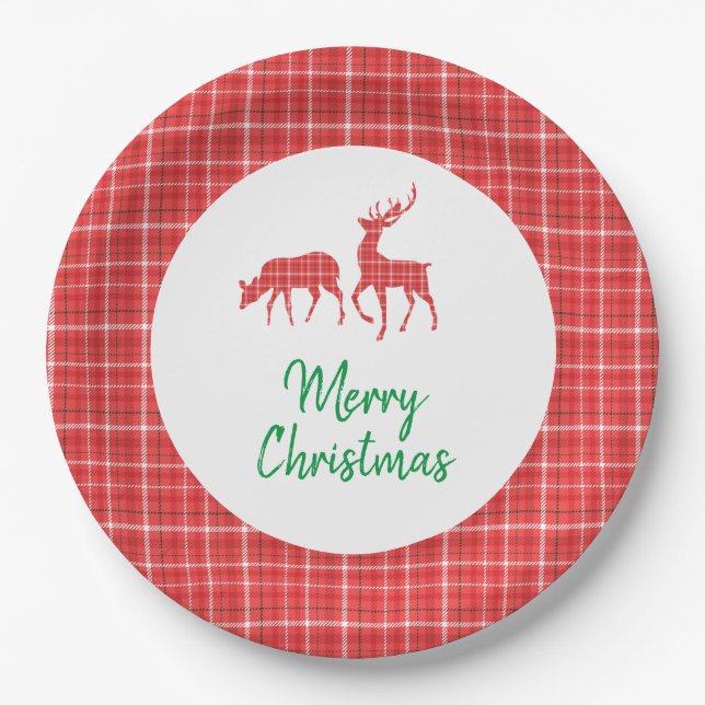 Merry Christmas Reindeer Red White Twill Plaid Paper Plate (Front)