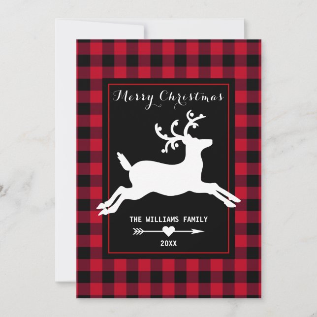 Merry Christmas Reindeer Rustic Red Buffalo Check Holiday Card (Front)