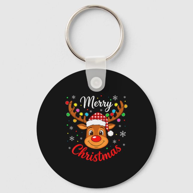 Merry Christmas Reindeer Santa Hat Holiday Matchin Key Ring (Front)