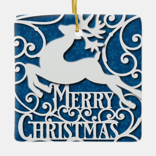Merry Christmas Reindeer Silhouettes Snowflake Ceramic Ornament (Front)