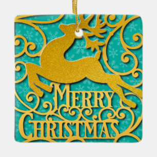Merry Christmas Reindeer Silhouettes Snowflake Ceramic Ornament