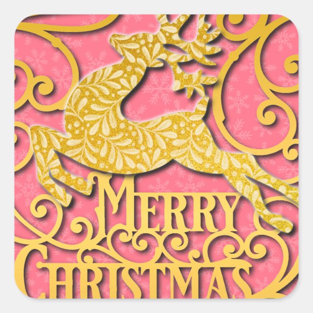 Merry Christmas Reindeer Silhouettes Snowflake Square Sticker (Front)