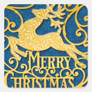 Merry Christmas Reindeer Silhouettes Snowflake Square Sticker