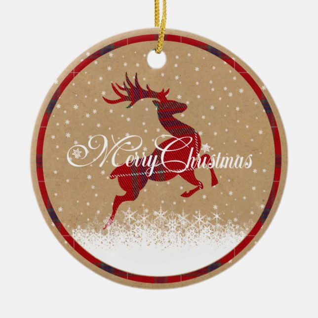 Merry Christmas Reindeer Tartan Red/Kraft ID590 Ceramic Ornament (Front)