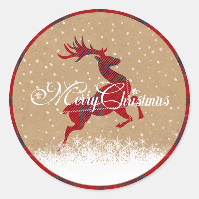 Merry Christmas Reindeer Tartan Red/Kraft ID590 Classic Round Sticker (Front)