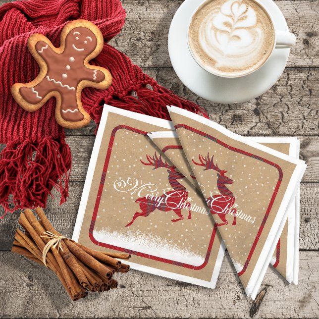 Merry Christmas Reindeer Tartan Red/Kraft ID590 Napkin (Creator Uploaded)