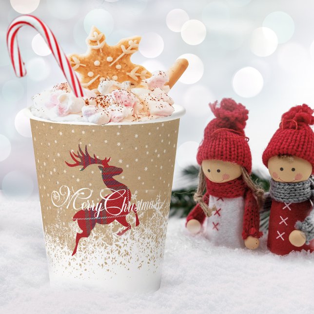 Merry Christmas Reindeer Tartan Red/Kraft ID590 Paper Cups (Creator Uploaded)