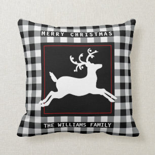 Merry Christmas Reindeer White Black Buffalo Check Cushion