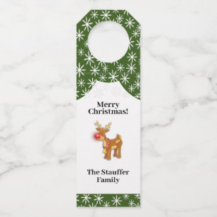 Merry Christmas Reindeer with Family Name Bottle Tag