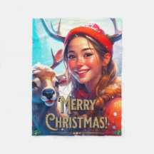 MERRY CHRISTMAS REINDEER WITH HAPPY GIRL