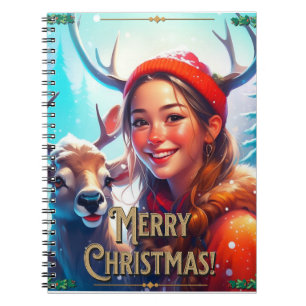 MERRY CHRISTMAS REINDEER WITH HAPPY GIRL NOTEBOOK