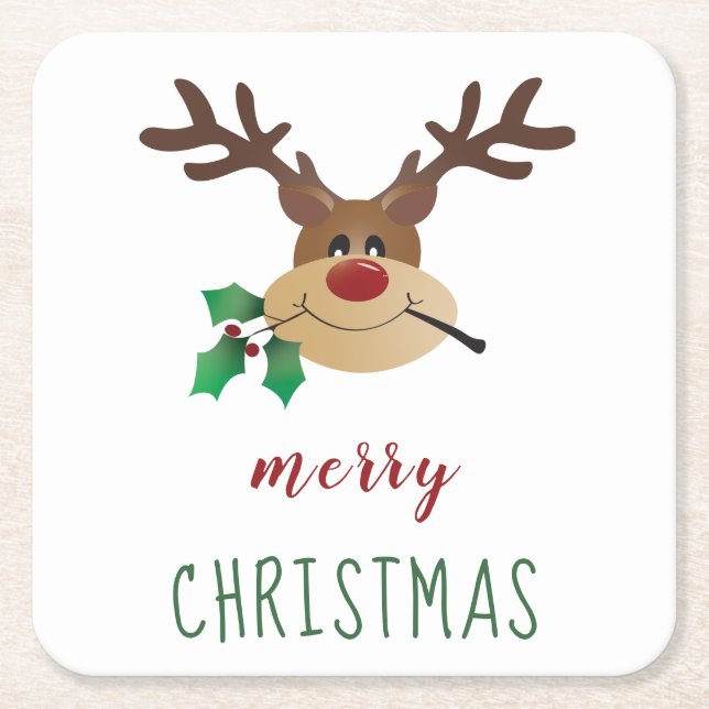 Merry Christmas Reindeer With Mistletoe Square Paper Coaster (Front)