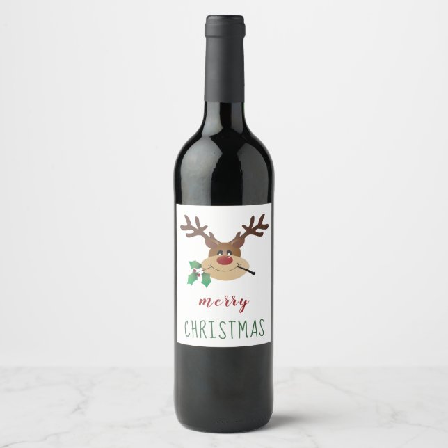 Merry Christmas Reindeer With Mistletoe Wine Label (Front)