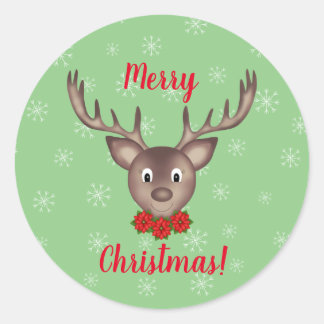 Merry Christmas reindeer with red poinsettia Classic Round Sticker
