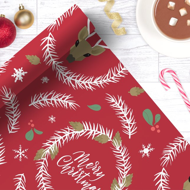 Merry Christmas Reindeer Wreath Holiday Red Wrapping Paper (Creator Uploaded)