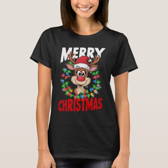 Merry Christmas Reindeer Xmas Holiday T-Shirt (Front)