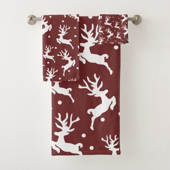 Merry Christmas Reindeers Dark Red Throw  Bath  Towel Set (Insitu)