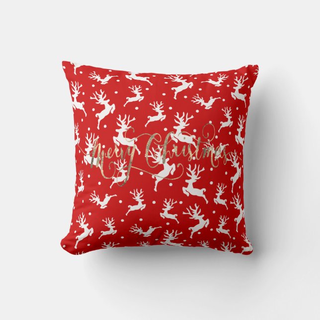 Merry Christmas Reindeers Red Cushion (Front)