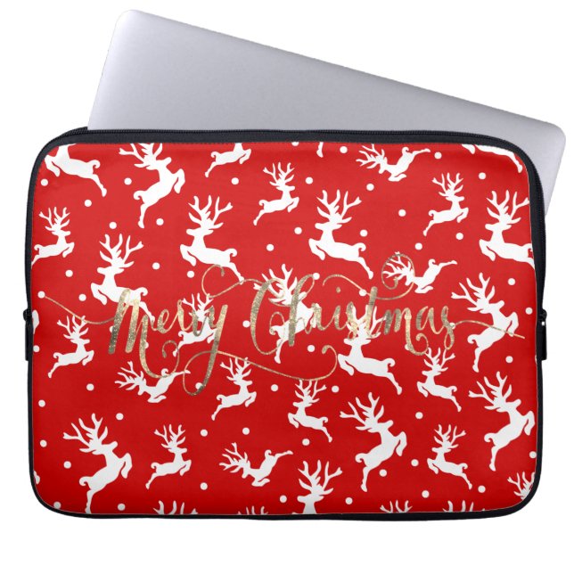 Merry Christmas Reindeers Red Laptop Sleeve (Front)