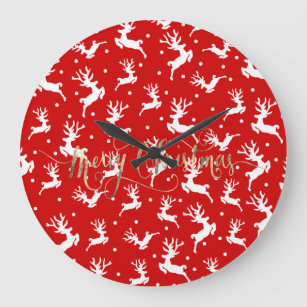 Merry Christmas Reindeers Red   Large Clock
