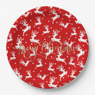 Merry Christmas Reindeers Red   Paper Plate