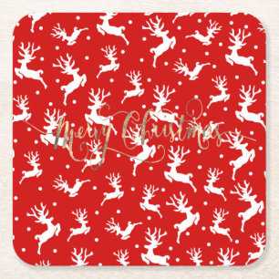 Merry Christmas Reindeers Red Square Paper Coaster