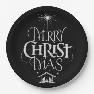 Merry Christmas Religious Calligraphy Chalkboard Paper Plate
