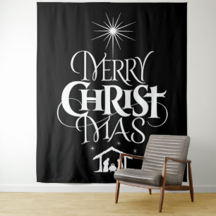 Merry CHRISTmas Religious Decotation Black White Tapestry