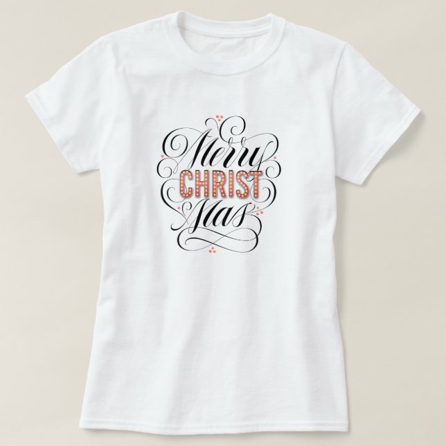 Merry CHRISTmas Religious Red Marquee Calligraphy T-Shirt (Design Front)
