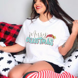 Merry Christmas Retro 80's Font Santa Hat Blue Red<br><div class="desc">This cute,  girly Merry Christmas design was created using a fun modern script font and my hand lettered block font in a retro 80's style in aqua blue and red.  It features my hand painted Santa hat with holly and berries.</div>