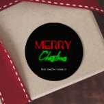 Merry Christmas Retro 80s Neon lights Classic Round Sticker<br><div class="desc">A retro 80s neon lights typography for this holiday items collection.</div>