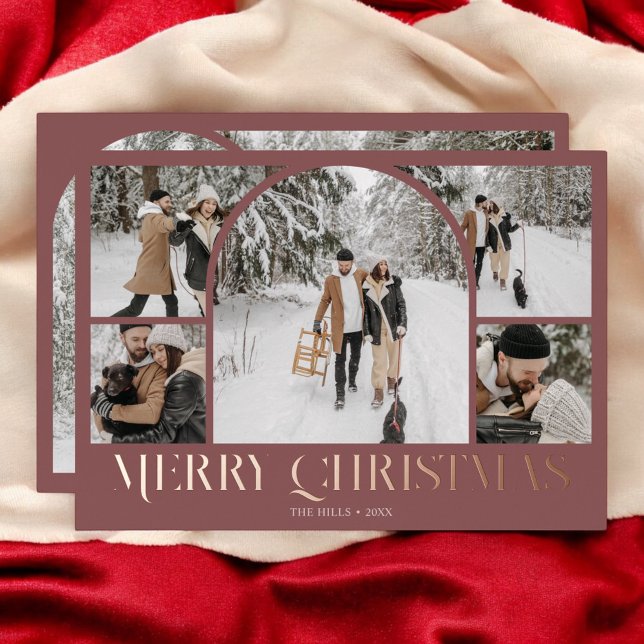 Merry Christmas Retro Arch Photo Collage Foil Holiday Card (Creator Uploaded)