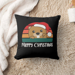Merry Christmas Retro Beaver Christmas Cushion