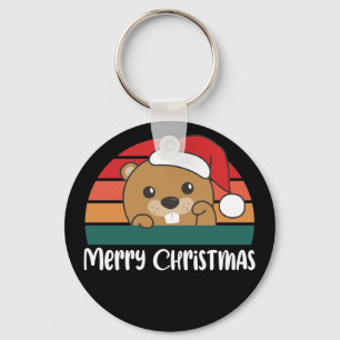 Merry Christmas Retro Beaver Christmas Keychain