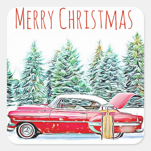 Merry Christmas Retro Car and Sled Wintery Square Sticker (Front)