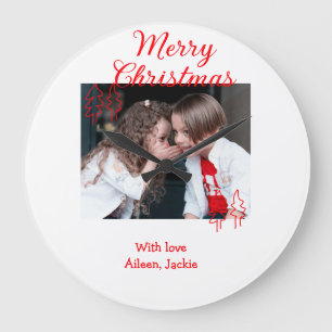 Merry Christmas retro Christmas tree kids photo na Large Clock
