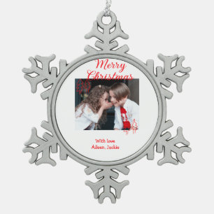 Merry Christmas retro Christmas tree kids photo na Snowflake Pewter Christmas Ornament