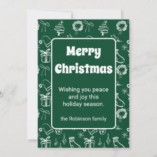 Merry Christmas Retro Doodles Dark Green Holiday Card