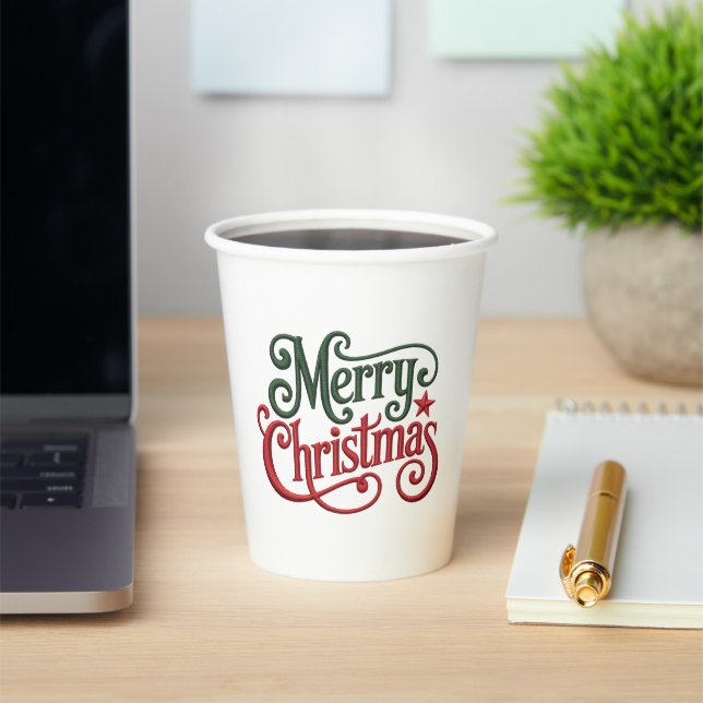 Merry Christmas Retro Embroidery Typography Paper Cups (Insitu)