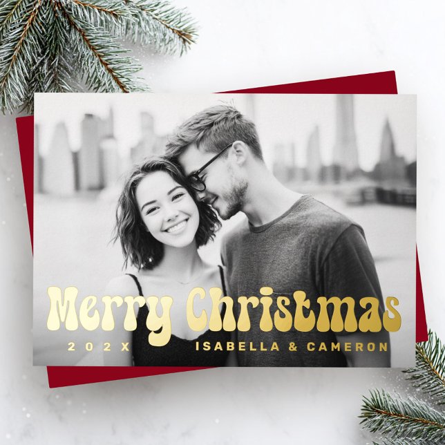 Merry Christmas retro font add name deep red photo Foil Holiday Card (Merry Christmas retro font add name deep red photo Foil Holiday Card)