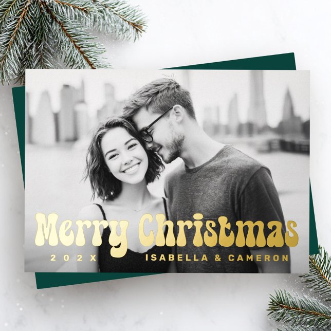 Merry Christmas retro font deep green photo Foil Holiday Card (Merry Christmas retro font deep green photo Foil Holiday Card)