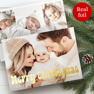 Merry Christmas retro font photo Foil Holiday Card