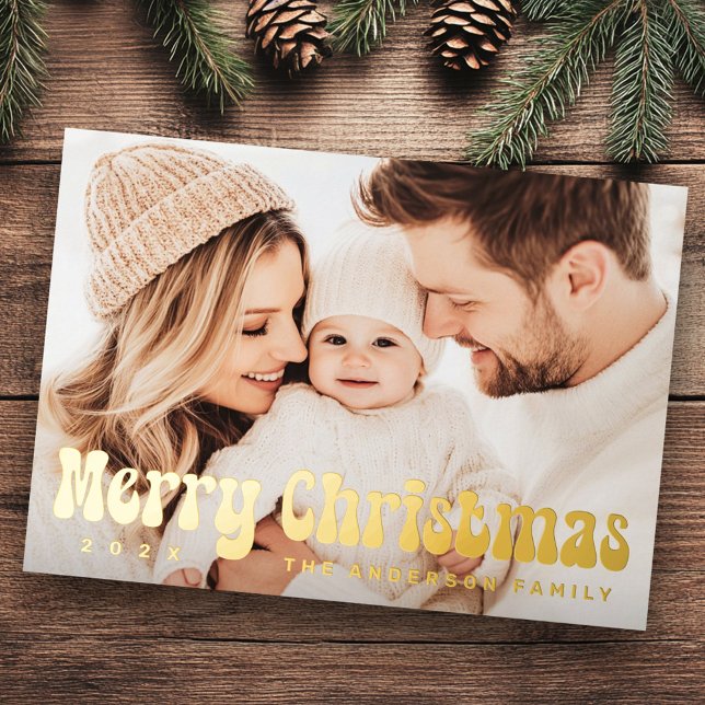 Merry Christmas retro font pine green photo Foil Holiday Card (Merry Christmas retro font pine green photo Foil Holiday Card)